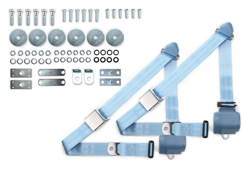 1964-75 gm 3pt 359-pdb belts w/aviation buckle & hardware kit (pair) RETROBELT RB-6475GMKT-PDB