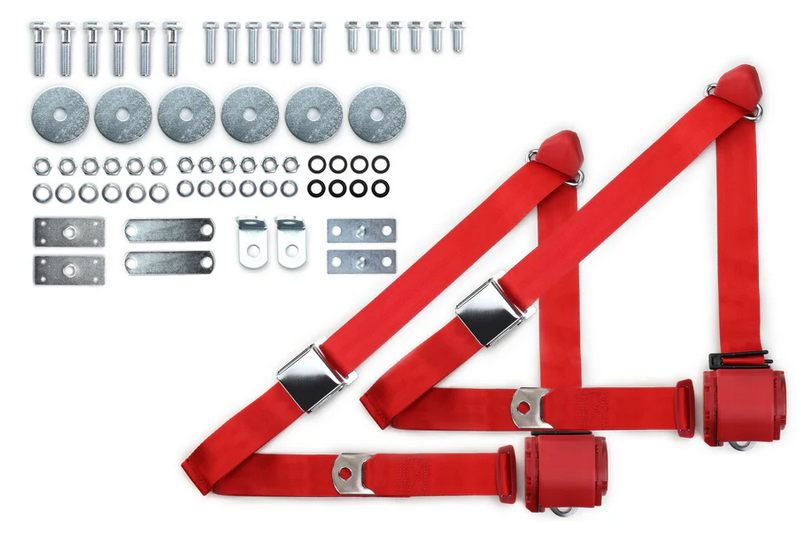 1964-75 gm 3pt 359-brd belts w/aviation buckle & hardware kit (pair) RETROBELT RB-6475GMKT-RED