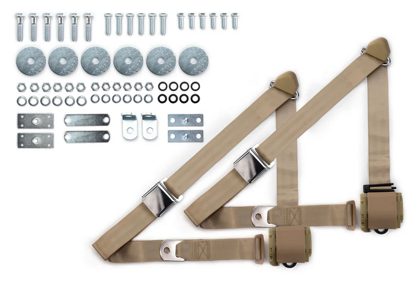 1964-75 gm 3pt 359-sand belts w/aviation buckle & hardware kit (pair) RETROBELT RB-6475GMKT-SND