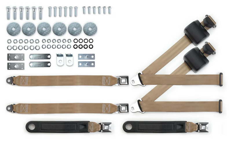 1964-75 gm 3pt 369-tan-20 belts w/pushbutton buckle & hardware kit for bench seats (pair) RETROBELT RB-6475GMKT-TAN-BE