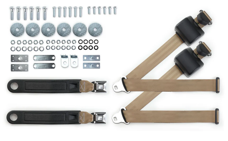 1964-75 gm 3pt 369-tan-12 belts w/pushbutton buckle & hardware kit for bucket seats (pair) RETROBELT RB-6475GMKT-TAN-BU