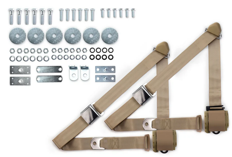 1964-75 gm 3pt 359-tan belts w/aviation buckle & hardware kit (pair) RETROBELT RB-6475GMKT-TAN