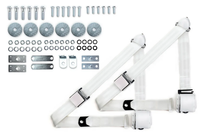 1964-75 gm 3pt 359-wht belts w/aviation buckle & hardware kit (pair) RETROBELT RB-6475GMKT-WHT