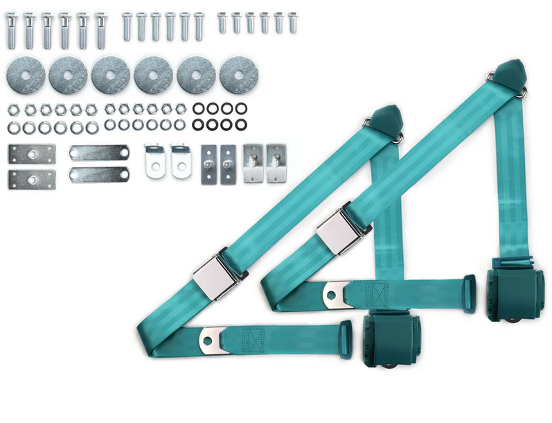 1965-73 mustang 3pt 359-trq belts w/aviation buckle & 331 hardware kit (pair) RETROBELT RB-6573MUSTKT-AQA