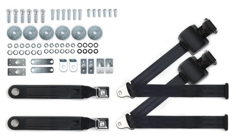 1965-73 mustang 3pt 369-blk-12 belts w/pushbutton buckle & 331 hardware kit for bucket seats (pair) RETROBELT RB-6573MUSTKT-BLK-BU