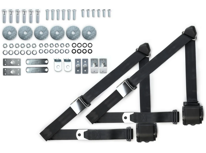 1965-73 mustang 3pt 359-blk belts w/aviation buckle & 331 hardware kit (pair) RETROBELT RB-6573MUSTKT-BLK