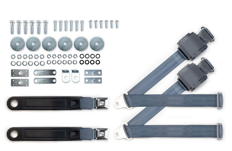 1965-73 mustang 3pt 369-blu-12 belts w/pushbutton & 331 hardware kit for bucket seats (pair) RETROBELT RB-6573MUSTKT-BLU-BU