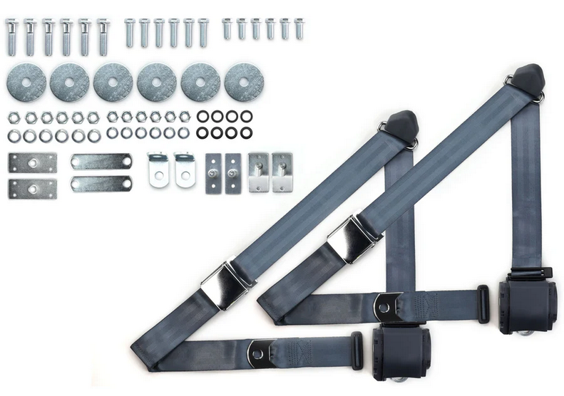 1965-73 mustang 3pt 359-blu belts w/aviation buckle & 331 hardware kit (pair) RETROBELT RB-6573MUSTKT-BLU