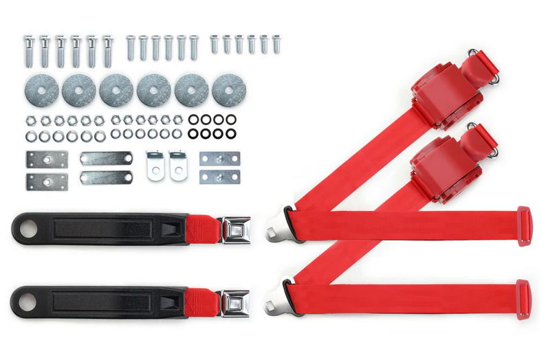 1965-73 mustang 3pt 369-brd-12 belts w/pushbutton buckle & 331 hardware kit for bucket seats (pair) RETROBELT RB-6573MUSTKT-BRD-BU