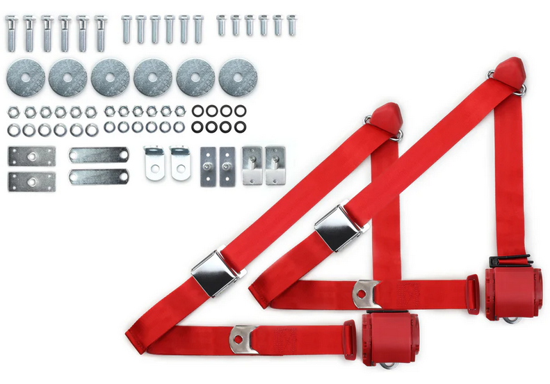 1965-73 mustang 3pt 359-brd belts w/aviation buckle & 331 hardware kit (pair) RETROBELT RB-6573MUSTKT-BRD