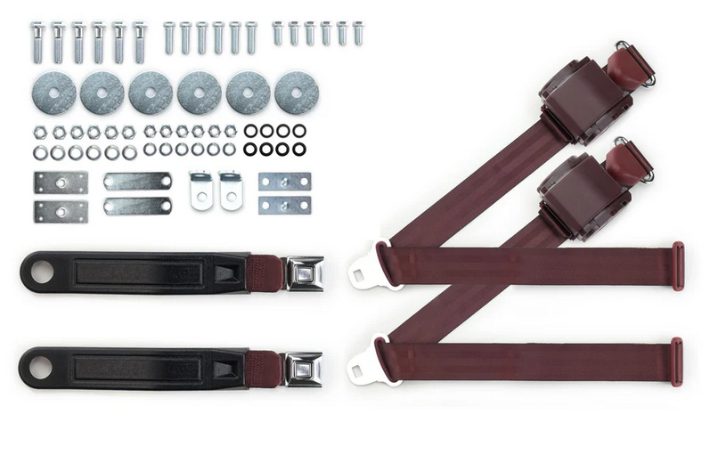 1965-73 mustang 3pt 369-brg-12 belts w/pushbutton buckle & 331 hardware kit for bucket seats (pair) RETROBELT RB-6573MUSTKT-BRG-BU
