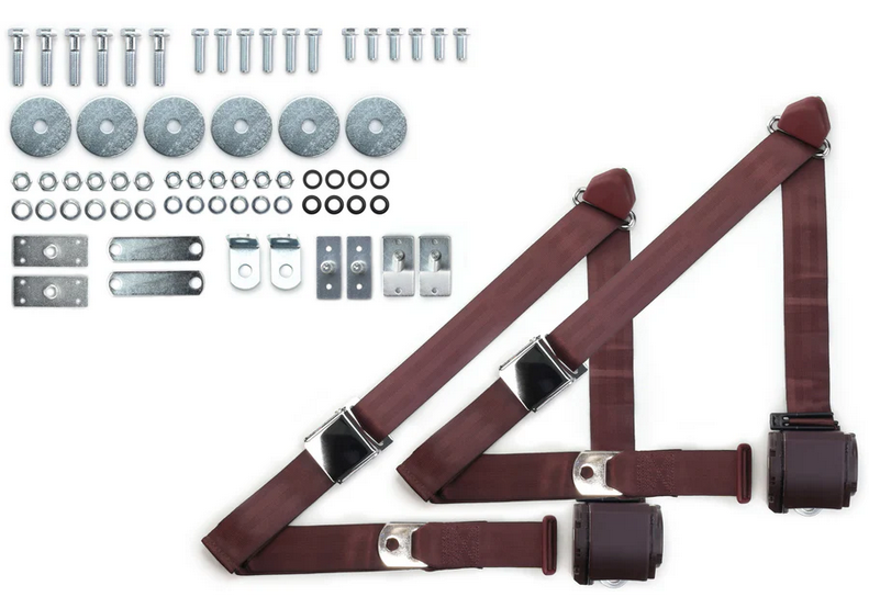 1965-73 mustang 3pt 359-brg belts w/aviation buckle & 331 hardware kit (pair) RETROBELT RB-6573MUSTKT-BRG