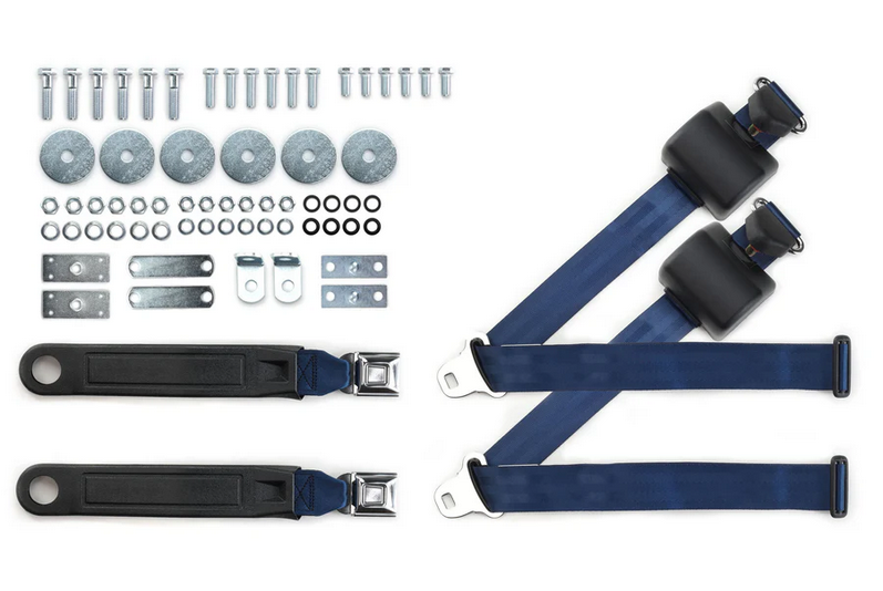 1965-73 mustang 3pt 369-dkb-12 belts w/pushbutton buckle & 331 hardware kit for bucket seats (pair) RETROBELT RB-6573MUSTKT-DKB-BU