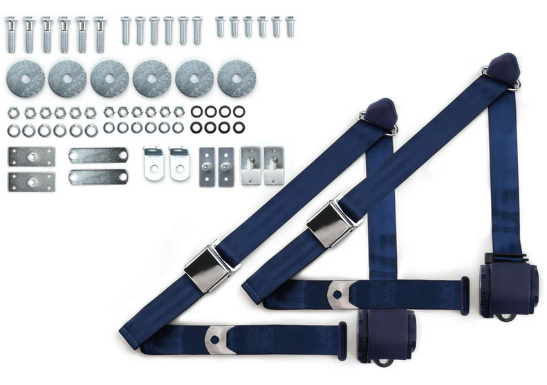 1965-73 mustang 3pt 359-dkb belts w/aviation buckle & 331 hardware kit (pair) RETROBELT RB-6573MUSTKT-DKB
