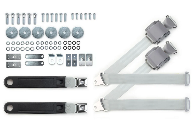 1965-73 mustang 3pt 369-gry-12 belts w/pushbutton buckle & 331 hardware kit for bucket seats (pair) RETROBELT RB-6573MUSTKT-GRY-BU