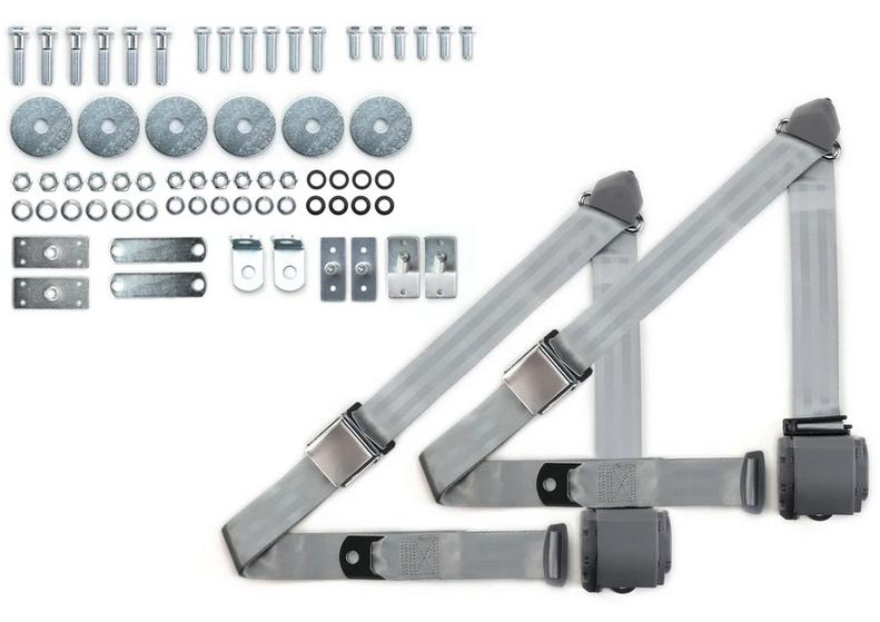 1965-73 mustang 3pt 359-gry belts w/aviation buckle & 331 hardware kit (pair) RETROBELT RB-6573MUSTKT-GRY