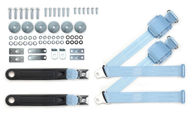 1965-73 mustang 3pt 369-pdb-12 belts w/pushbutton buckle & 331 hardware kit for bucket seats (pair) RETROBELT RB-6573MUSTKT-PDB-BU