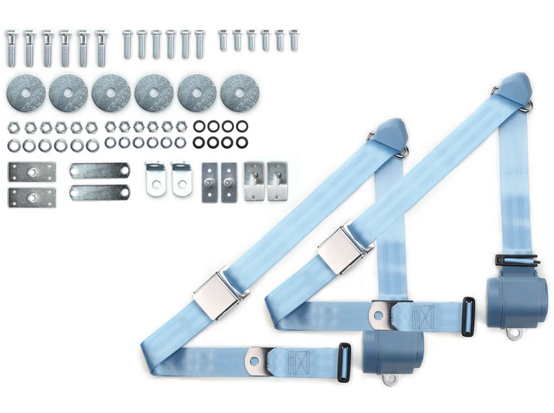 1965-73 mustang 3pt 359-pdb belts w/aviation buckle & 331 hardware kit (pair) RETROBELT RB-6573MUSTKT-PDB