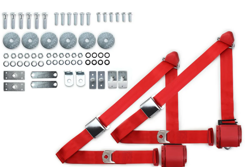 1965-73 mustang 3pt 359-brd belts w/aviation buckle & 331 hardware kit (pair) RETROBELT RB-6573MUSTKT-RED