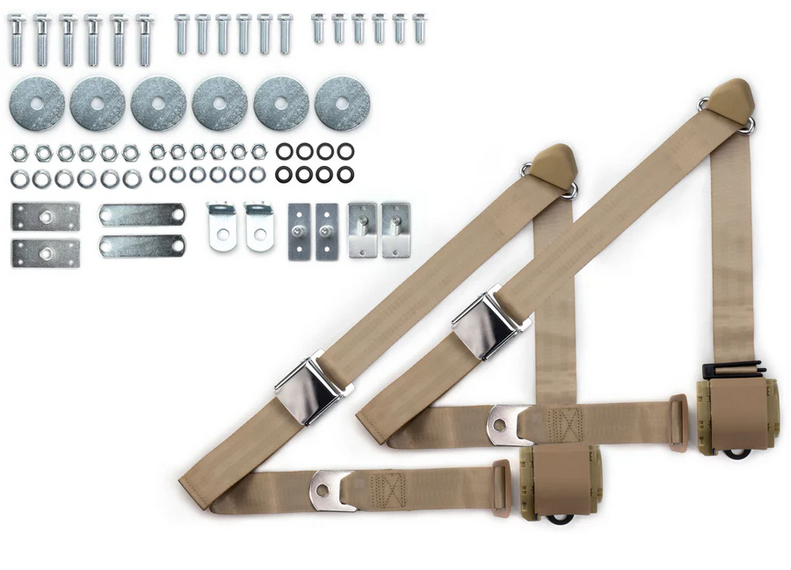1965-73 mustang 3pt 359-sand belts w/aviation buckle & 331 hardware kit (pair) RETROBELT RB-6573MUSTKT-SND