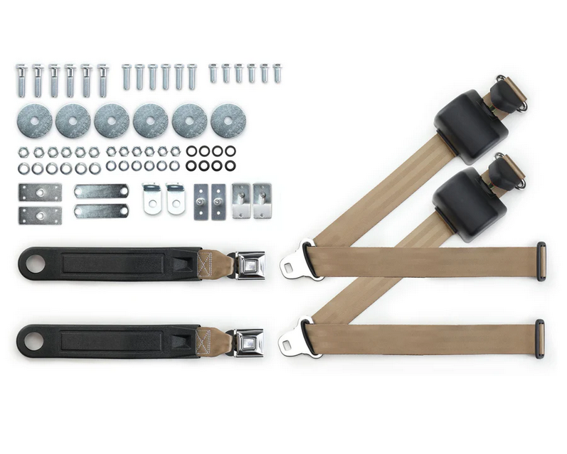 1965-73 mustang 3pt 369-tan-12 belts w/pushbutton & 331 hardware kit for bucket seats (pair) RETROBELT RB-6573MUSTKT-TAN-BU