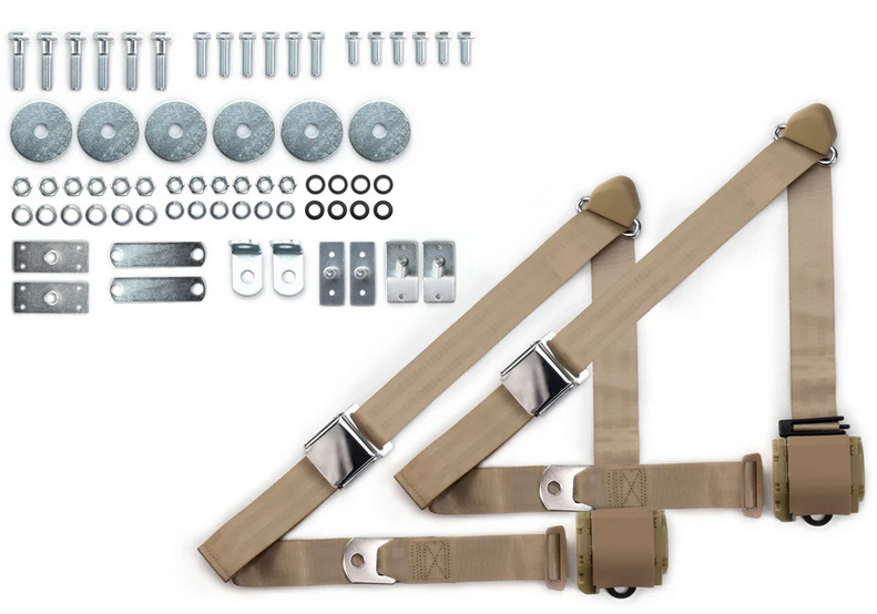 1965-73 mustang 3pt 359-tan belts w/aviation buckle & 331 hardware kit (pair) RETROBELT RB-6573MUSTKT-TAN