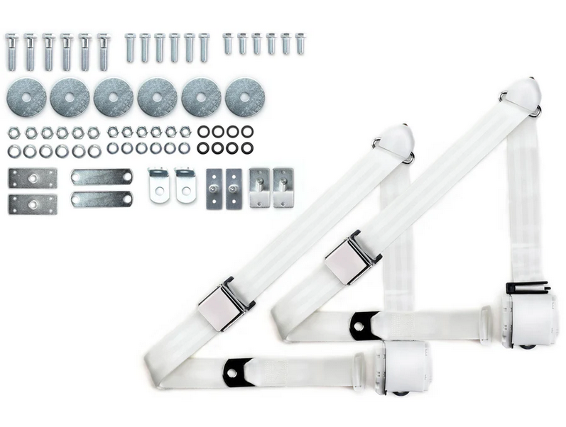 1965-73 mustang 3pt 359-wht belts w/aviation buckle & 331 hardware kit (pair) RETROBELT RB-6573MUSTKT-WHT