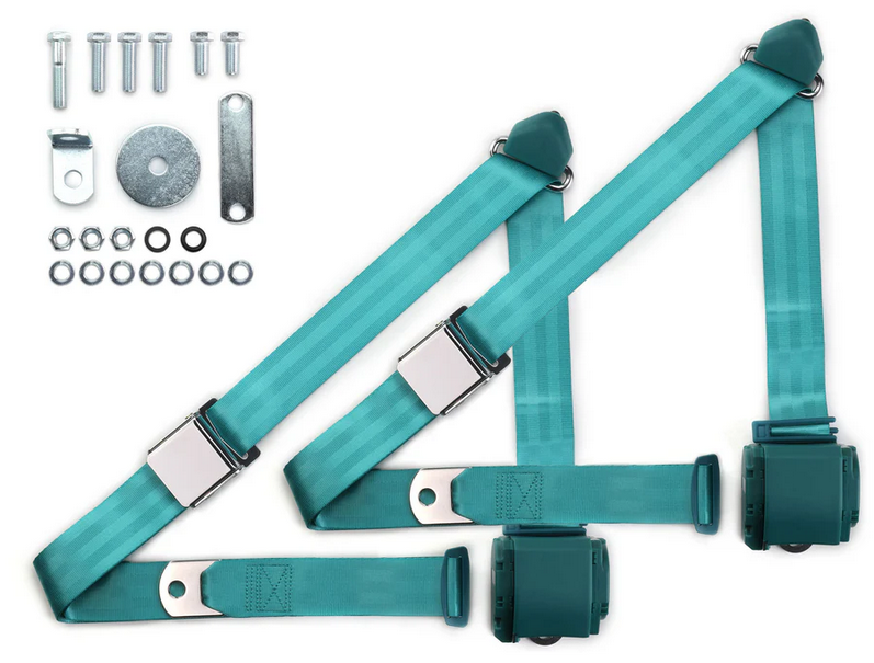 1970-73 datsun z-car 3pt 359-trq belts w/aviation buckle & hardware kit (pair) RETROBELT RB-7073ZKT-AQA