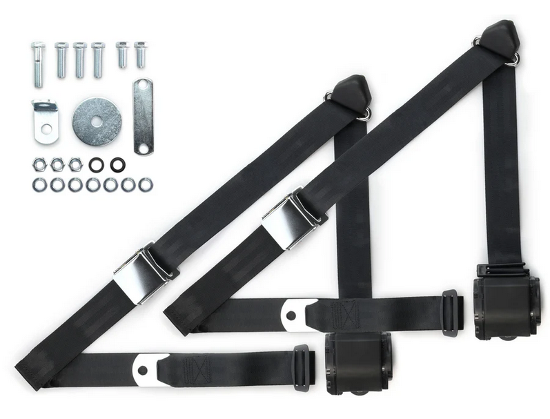 1970-73 datsun z-car 3pt 359-blk belts w/aviation buckle & hardware kit (pair) RETROBELT RB-7073ZKT-BLK