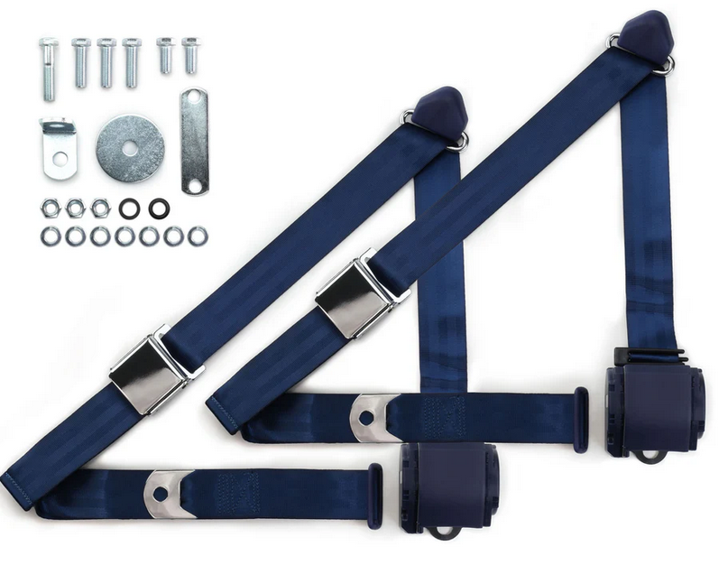 1970-73 datsun z-car 3pt 359-dkb belts w/aviation buckle & hardware kit (pair) RETROBELT RB-7073ZKT-DKB