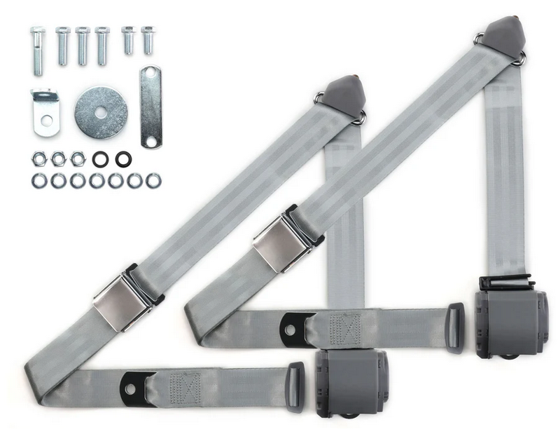 1970-73 datsun z-car 3pt 359-gry belts w/aviation buckle & hardware kit (pair) RETROBELT RB-7073ZKT-GRY