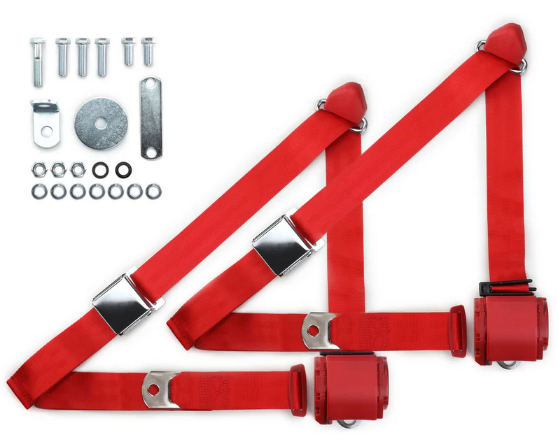 1970-73 datsun z-car 3pt 359-brd belts w/aviation buckle & hardware kit (pair) RETROBELT RB-7073ZKT-RED