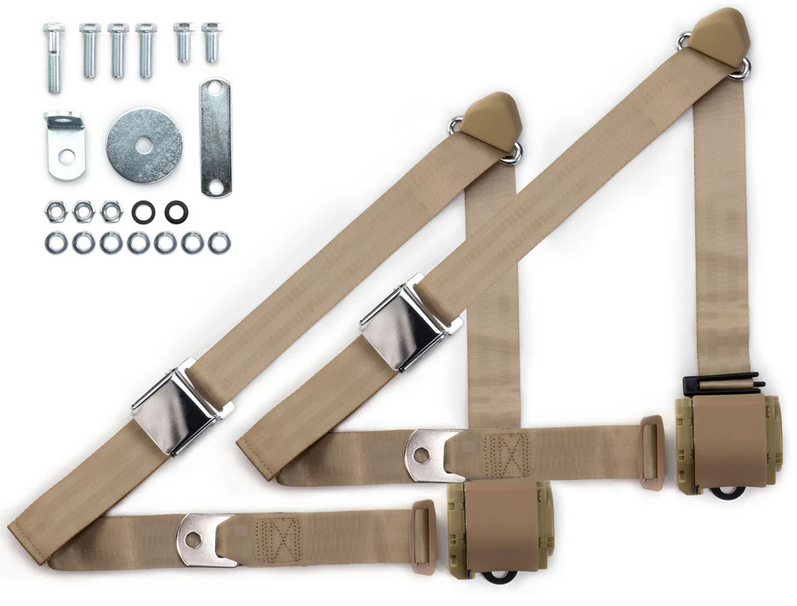 1970-73 datsun z-car 3pt 359-sand belts w/aviation buckle & hardware kit (pair) RETROBELT RB-7073ZKT-SND