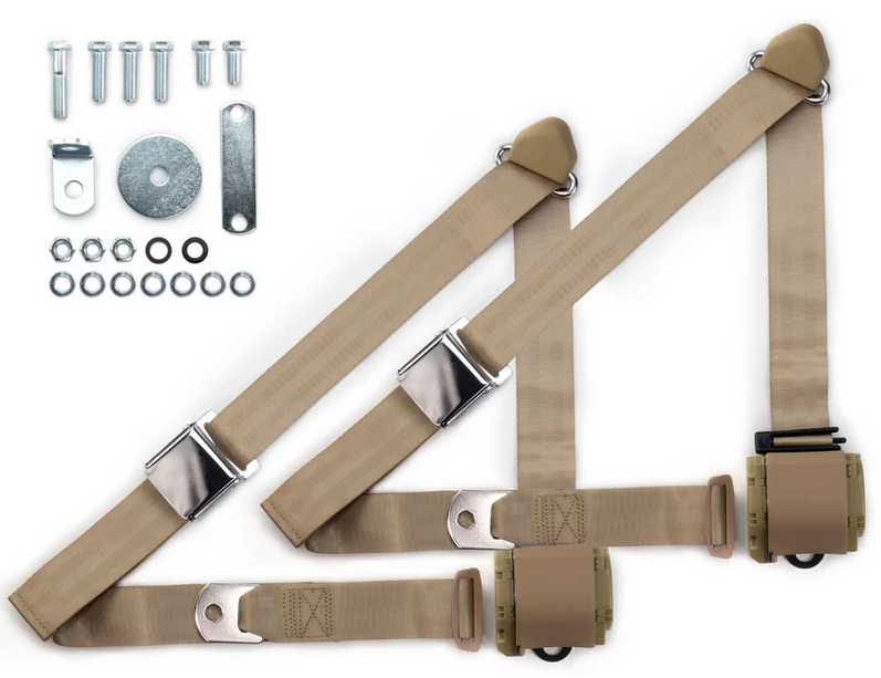 1970-73 datsun z-car 3pt 359-tan belts w/aviation buckle & hardware kit (pair) RETROBELT RB-7073ZKT-TAN