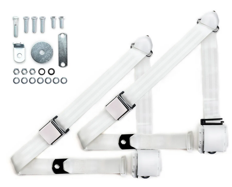 1970-73 datsun z-car 3pt 359-wht belts w/aviation buckle & hardware kit (pair) RETROBELT RB-7073ZKT-WHT