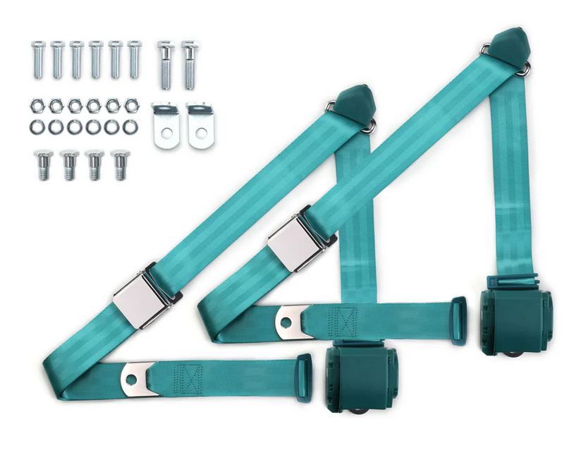 1973-91 gm truck 3pt 359-trq belts w/aviation buckle & 337 hardware kit (pair) RETROBELT RB-7391GMTKKT-AQA