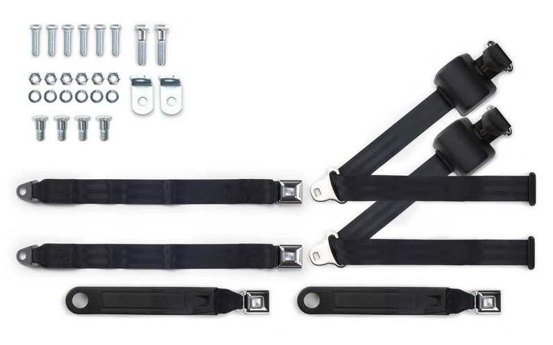 1973-91 gm truck 3pt 369-blk-20 belts w/pushbutton & 337 hardware kit for bench seats (pair) RETROBELT RB-7391GMTKKT-BLK-BE