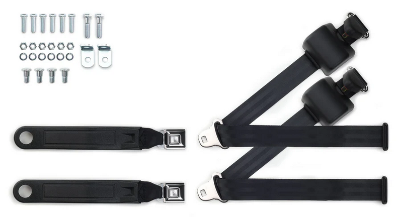 1973-91 gm truck 3pt 369-blk-12 belts w/pushbutton & 337 hardware kit for bucket seats (pair) RETROBELT RB-7391GMTKKT-BLK-BU