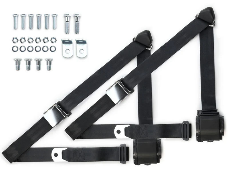 1973-91 gm truck 3pt 359-blk belts w/aviation buckle & 337 hardware kit (pair) RETROBELT RB-7391GMTKKT-BLK