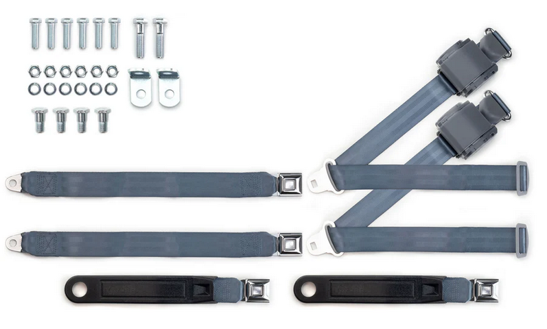 1973-91 gm truck 3pt 369-blu-20 belts w/pushbutton & 337 hardware kit for bench seats (pair) RETROBELT RB-7391GMTKKT-BLU-BE
