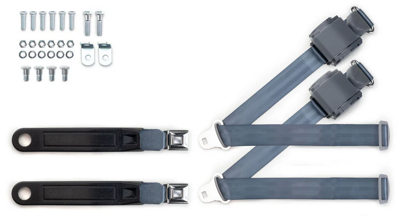 1973-91 gm truck 3pt 369-blu-12 belts w/pushbutton & 337 hardware kit for bucket seats (pair) RETROBELT RB-7391GMTKKT-BLU-BU