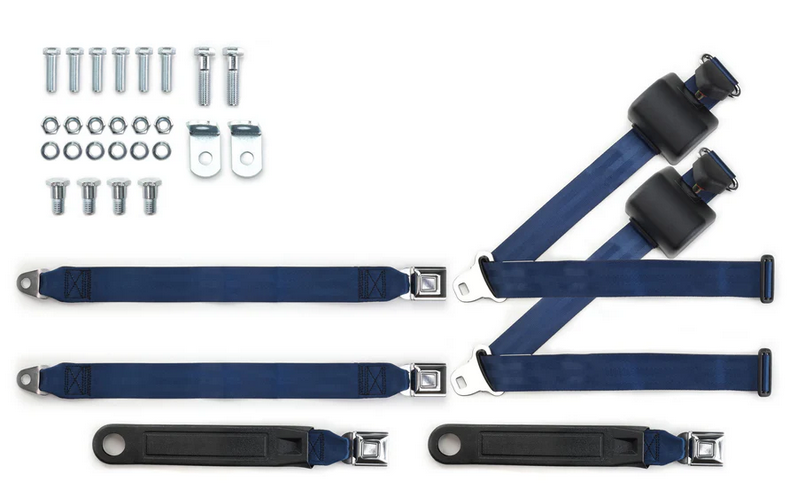 1973-91 gm truck 3pt 369-dkb-20 belts w/pushbutton & 337 hardware kit for bench seats (pair) RETROBELT RB-7391GMTKKT-DKB-BE
