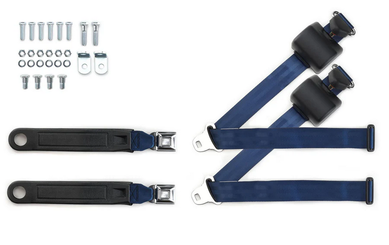 1973-91 gm truck 3pt 369-dkb-12 belts w/pushbutton & 337 hardware kit for bucket seats (pair) RETROBELT RB-7391GMTKKT-DKB-BU