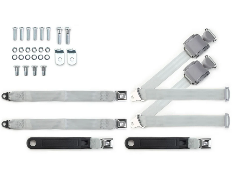 1973-91 gm truck 3pt 369-gry-20 belts w/pushbutton & 337 hardware kit for bench seats (pair) RETROBELT RB-7391GMTKKT-GRY-BE