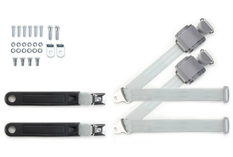 1973-91 gm truck 3pt 369-gry-12 belts w/pushbutton & 337 hardware kit for bucket seats (pair) RETROBELT RB-7391GMTKKT-GRY-BU