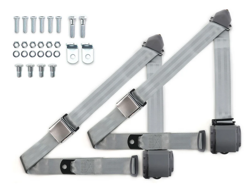 1973-91 gm truck 3pt 359-gry belts w/aviation buckle & 337 hardware kit (pair) RETROBELT RB-7391GMTKKT-GRY