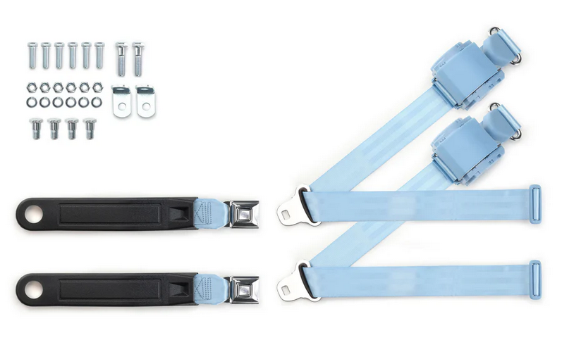 1973-91 gm truck 3pt 369-pdb-12 belts w/pushbutton & 337 hardware kit for bucket seats (pair) RETROBELT RB-7391GMTKKT-PDB-BU