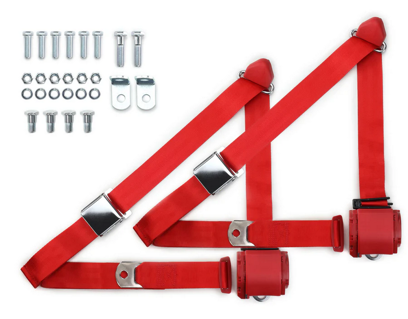 1973-91 gm truck 3pt 359-brd belts w/aviation buckle & 337 hardware kit (pair) RETROBELT RB-7391GMTKKT-RED