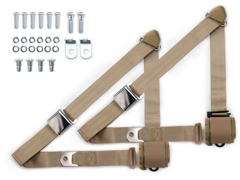 1973-91 gm truck 3pt 359-sand belts w/aviation buckle & 337 hardware kit (pair) RETROBELT RB-7391GMTKKT-SND