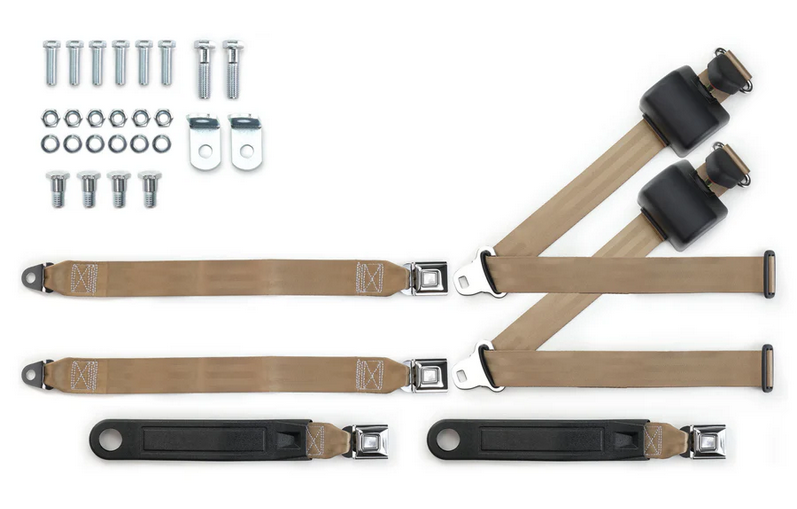 1973-91 gm truck 3pt 369-tan-20 belts w/pushbutton & 337 hardware kit for bench seats (pair) RETROBELT RB-7391GMTKKT-TAN-BE